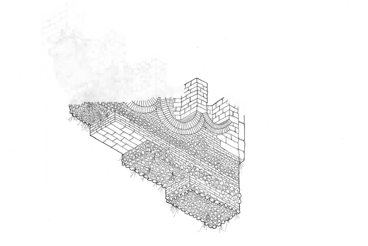Hand-drawn axonometric of a structure at Sardis